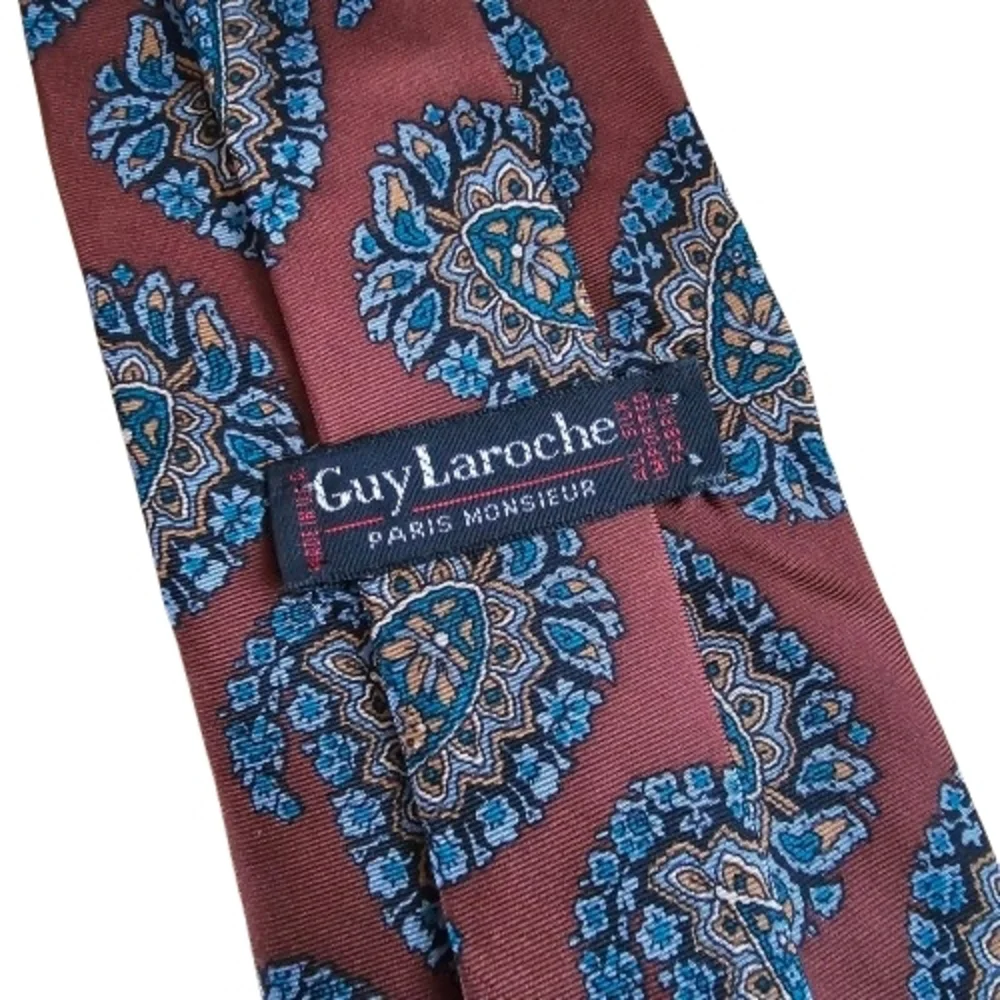 Vintage Guy Laroche Paris 100% Silk Paisley Necktie Burgundy Blue